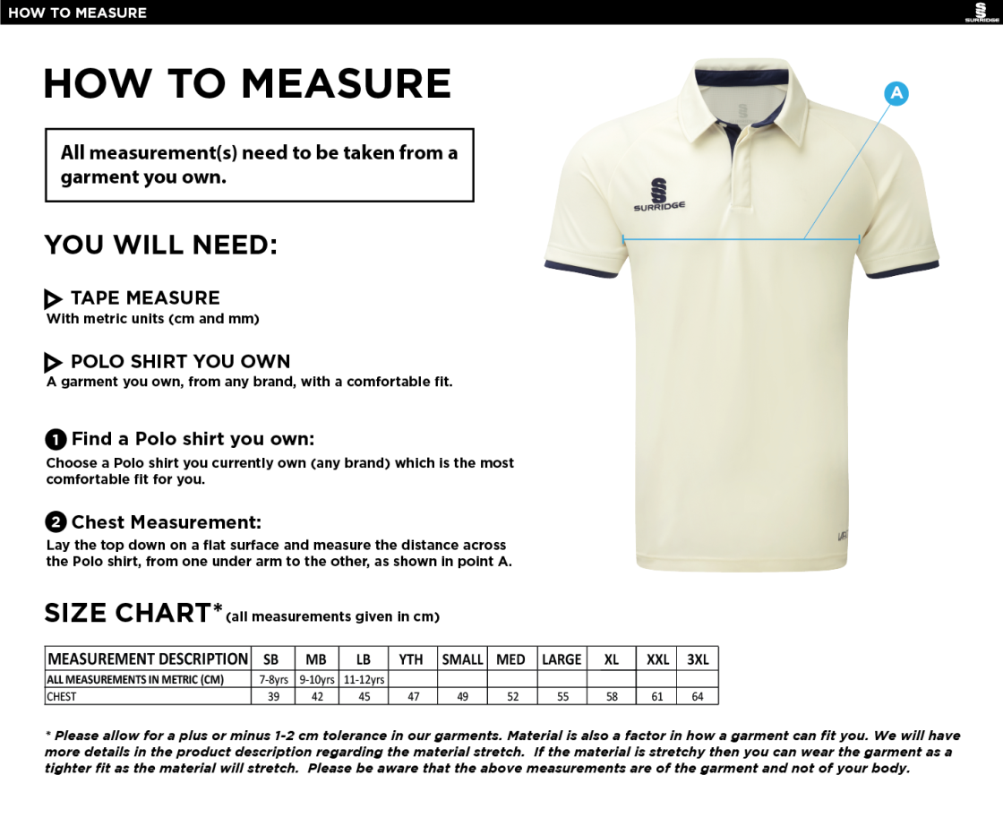 Withnell Fold CC - Tek S/S Shirt - Size Guide