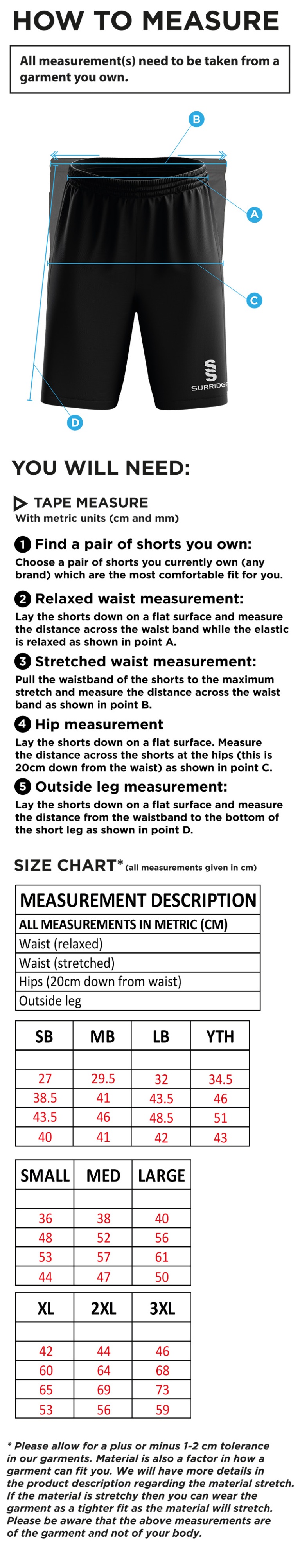 Withnell Fold CC - Blade Shorts - Size Guide