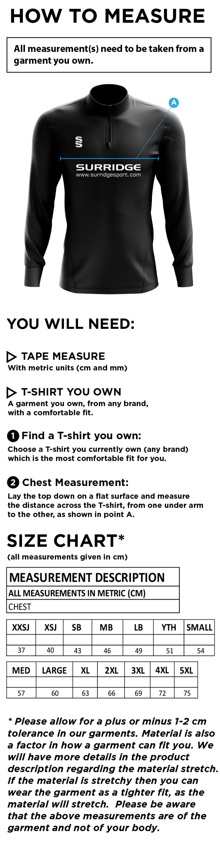 Withnell Fold CC - Blade Performance top - Size Guide