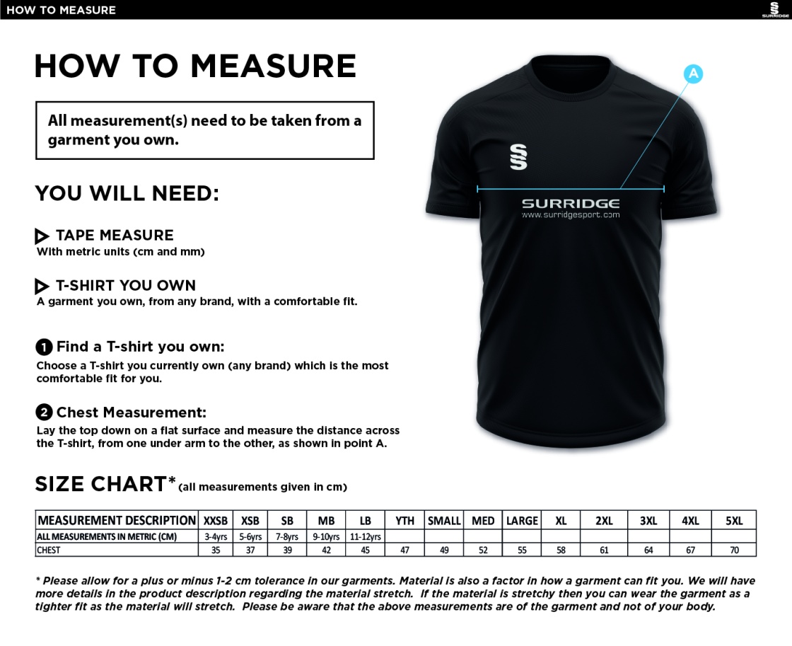 Withnell Fold CC - Blade Training Shirt - Size Guide