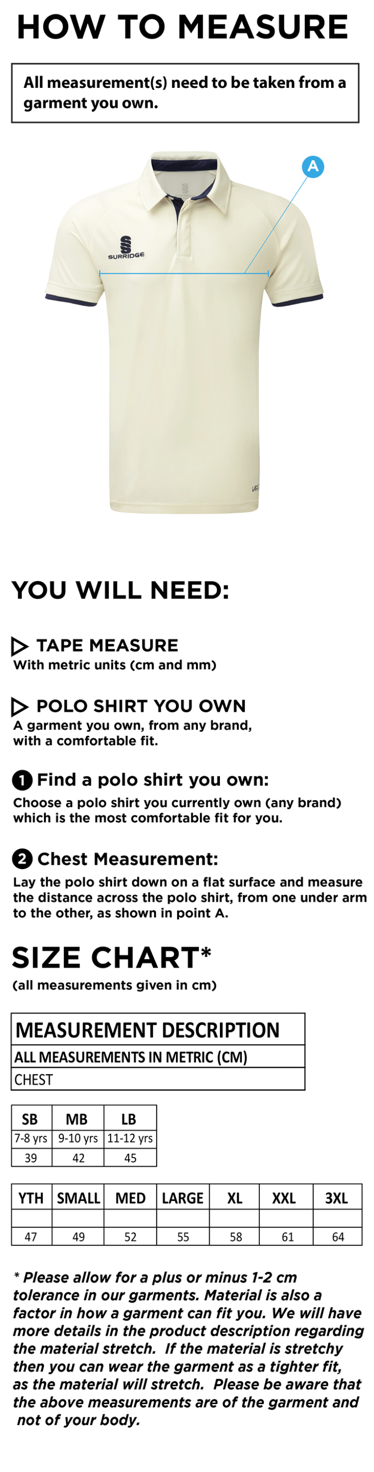 Withnell Fold CC - Tek S/S Shirt - Size Guide