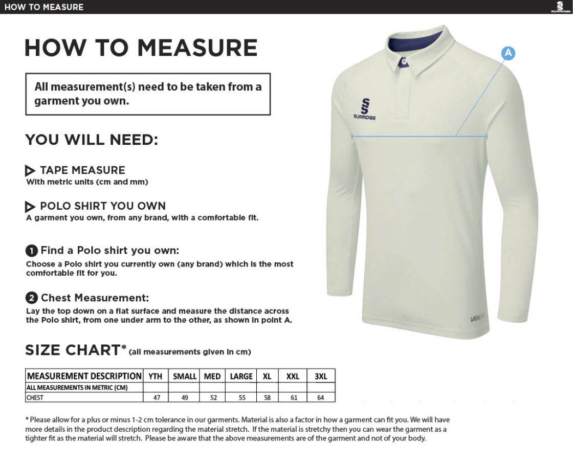 Withnell Fold CC - Tek L/S Shirt - Size Guide