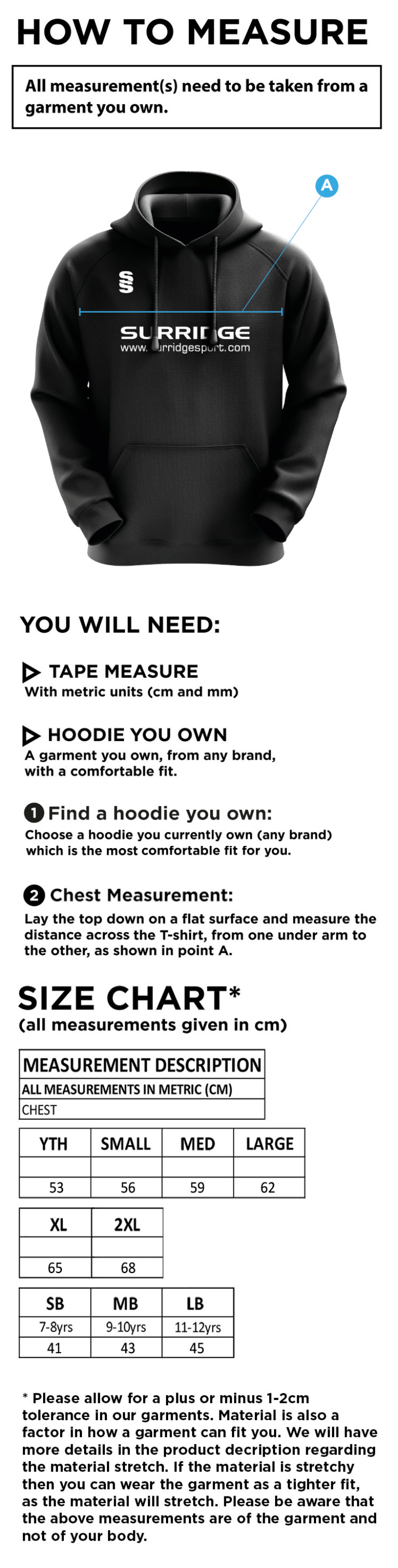 Withnell Fold CC - Blade Hoody - Size Guide