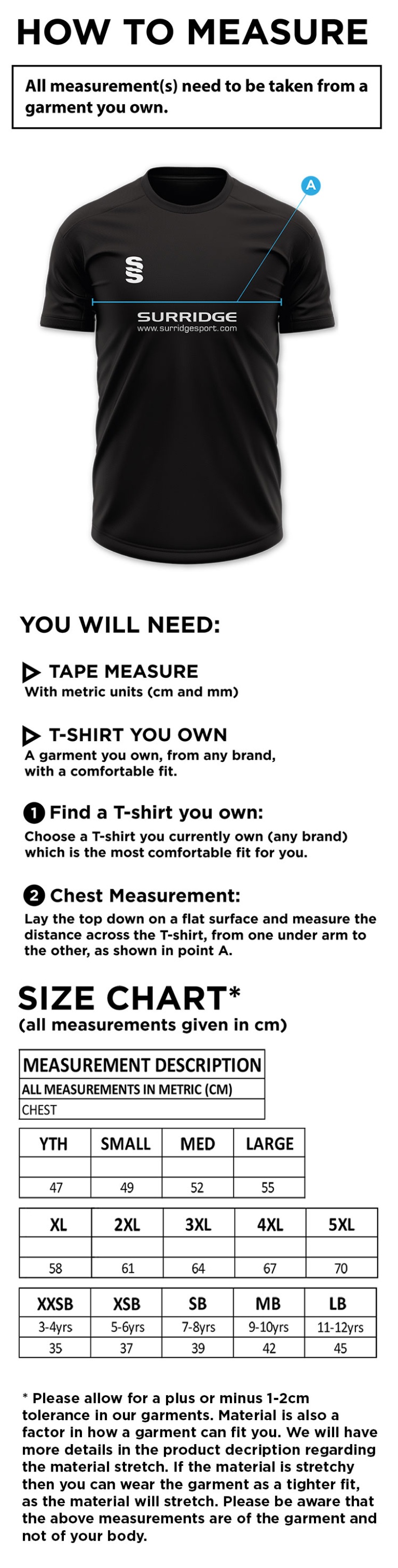 Withnell Fold CC - Blade Polo Shirt - Size Guide