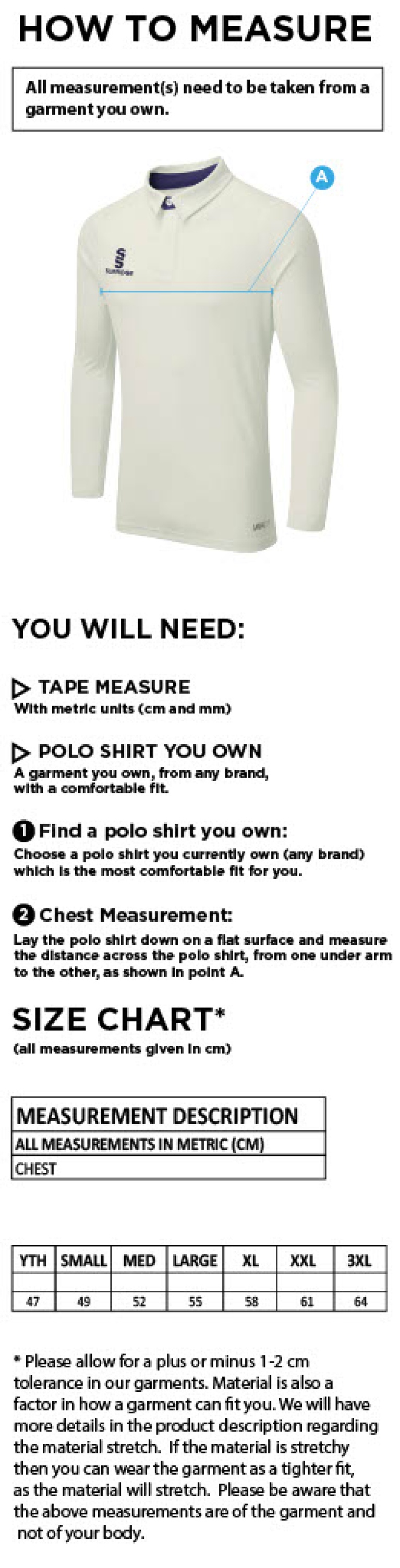 Withnell Fold CC - Tek L/S Shirt - Size Guide