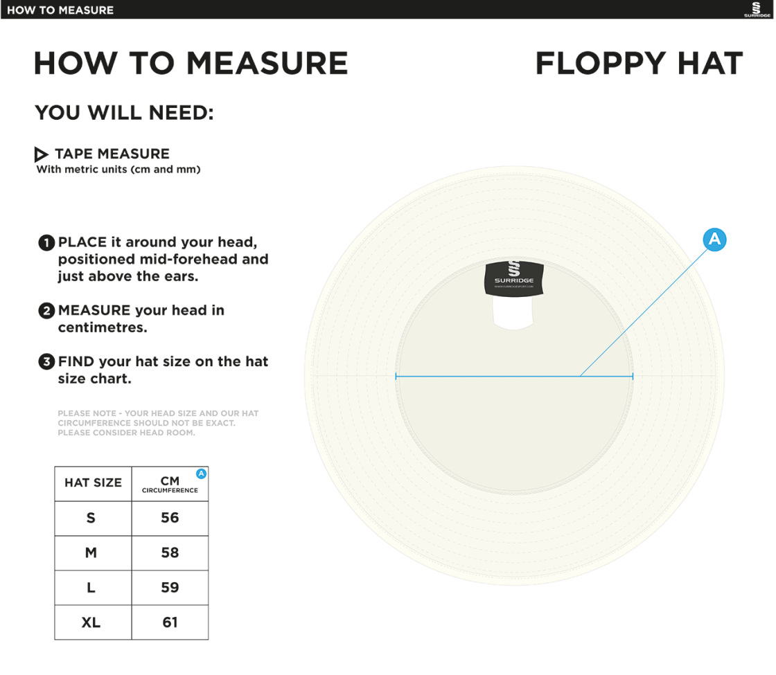 Withnell Fold Cricket Club - Floppy Hat - Size Guide