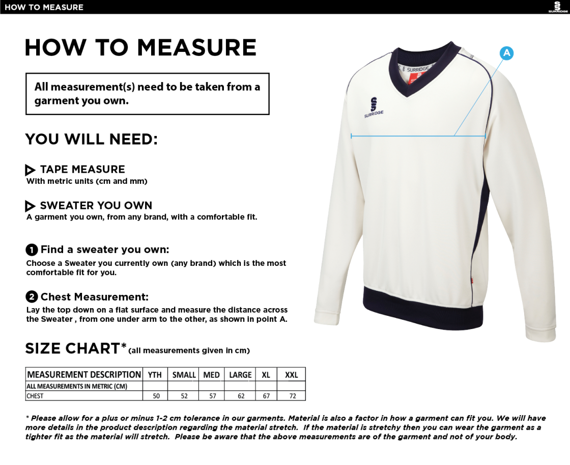 Withnell Fold CC - L/S Sweater - Size Guide